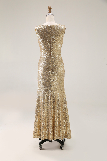 Formal Evening Dress Gold Sequin Sleeveless Mermaid Maxi Dress