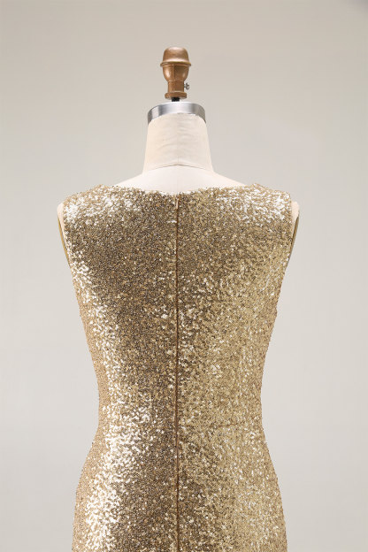 Formal Evening Dress Gold Sequin Sleeveless Mermaid Maxi Dress