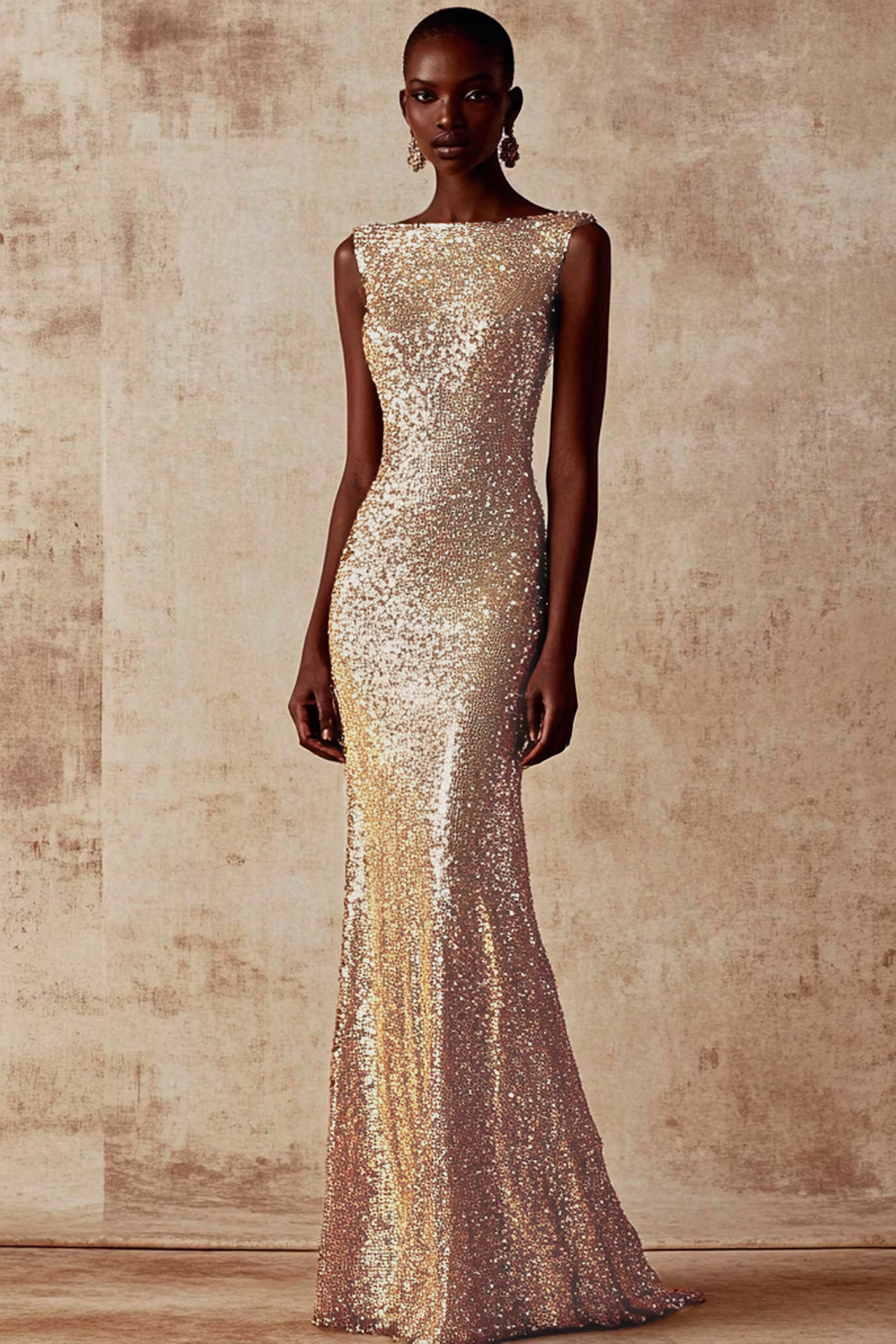 Formal Evening Dress Gold Sequin Sleeveless Mermaid Floor-Length Dress