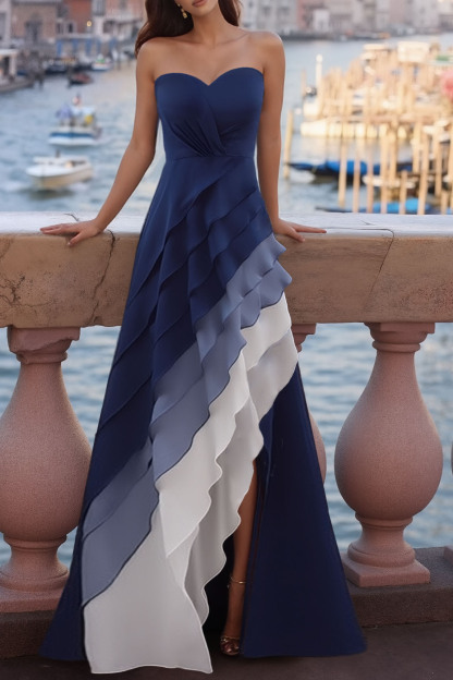 Formal Evening Dress Blue Ombre Strapless Multi-Layered Maxi Dress