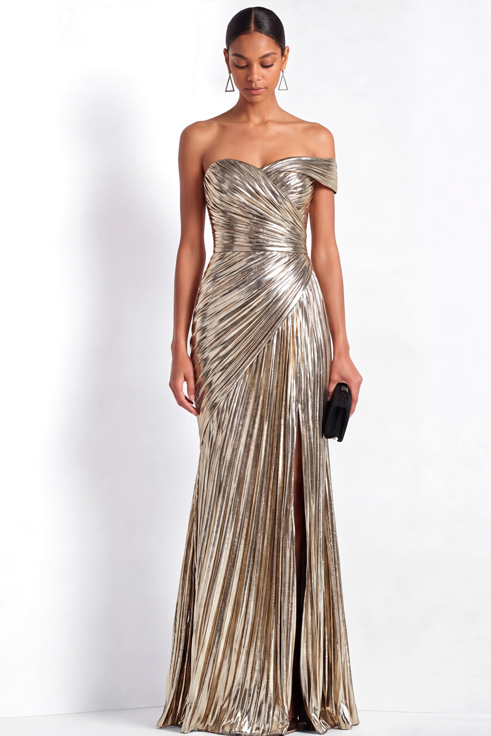 Evening Dress Silver Metallic Pleated One-Shoulder Slit Maxi Dress