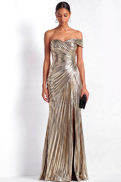 Evening Dress Silver Metallic Pleated One-Shoulder Slit Maxi Dress