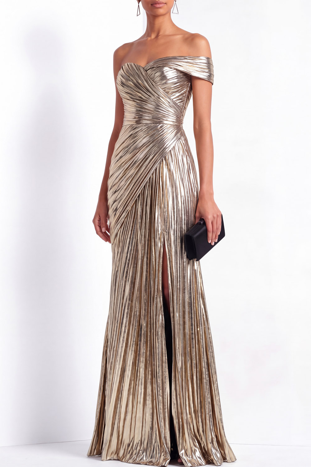 Evening Dress Silver Metallic Pleated One-Shoulder Slit Maxi Dress