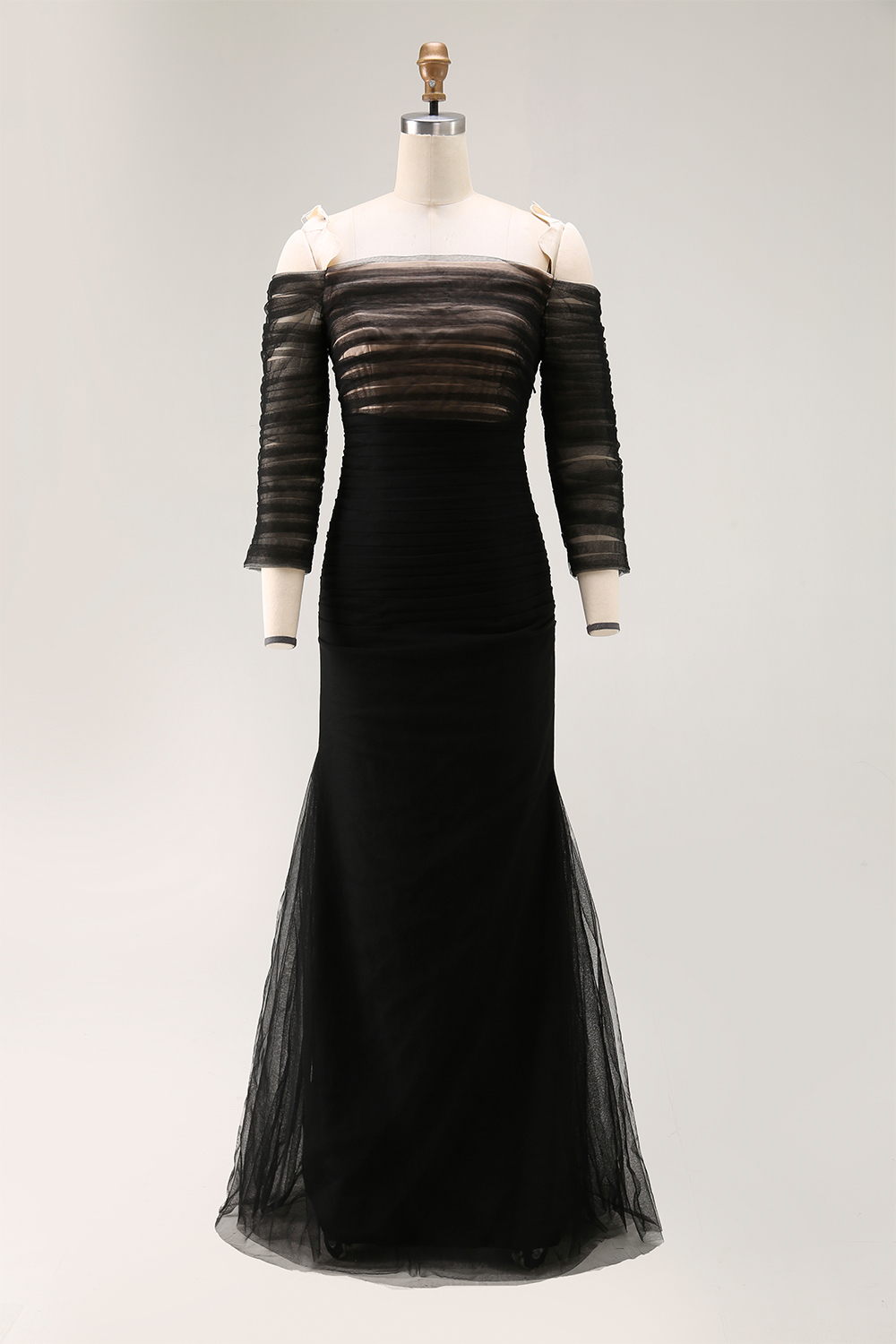 Formal Evening Dress Black Mesh Pleated Off-The-Shoulder Mermaid Dress