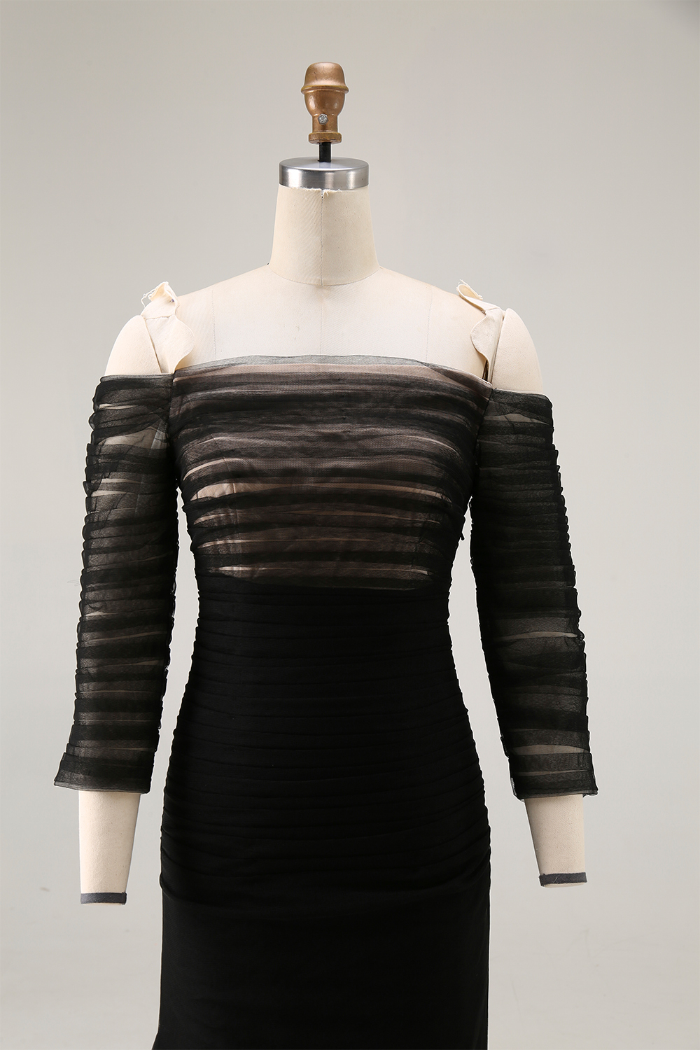 Formal Evening Dress Black Mesh Pleated Off-The-Shoulder Mermaid Dress