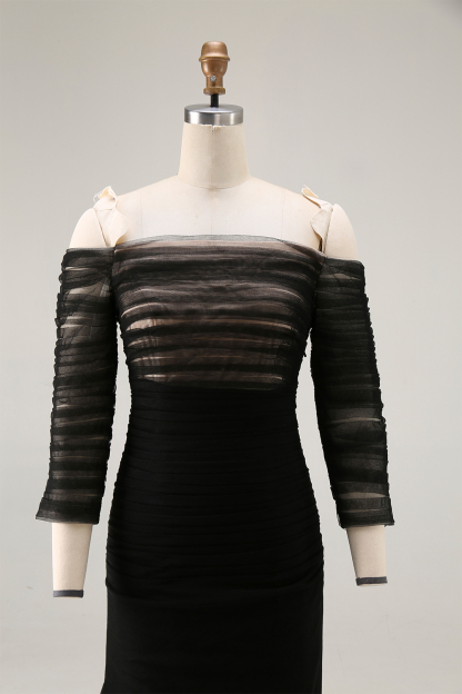 Formal Evening Dress Black Mesh Pleated Off-The-Shoulder Mermaid Dress