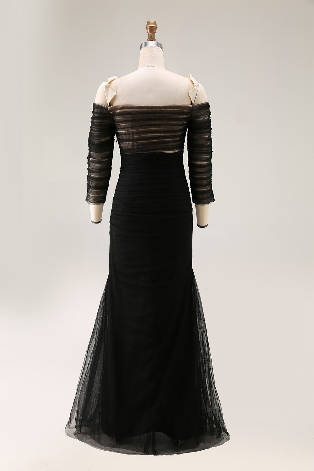 Formal Evening Dress Black Mesh Pleated Off-The-Shoulder Mermaid Dress