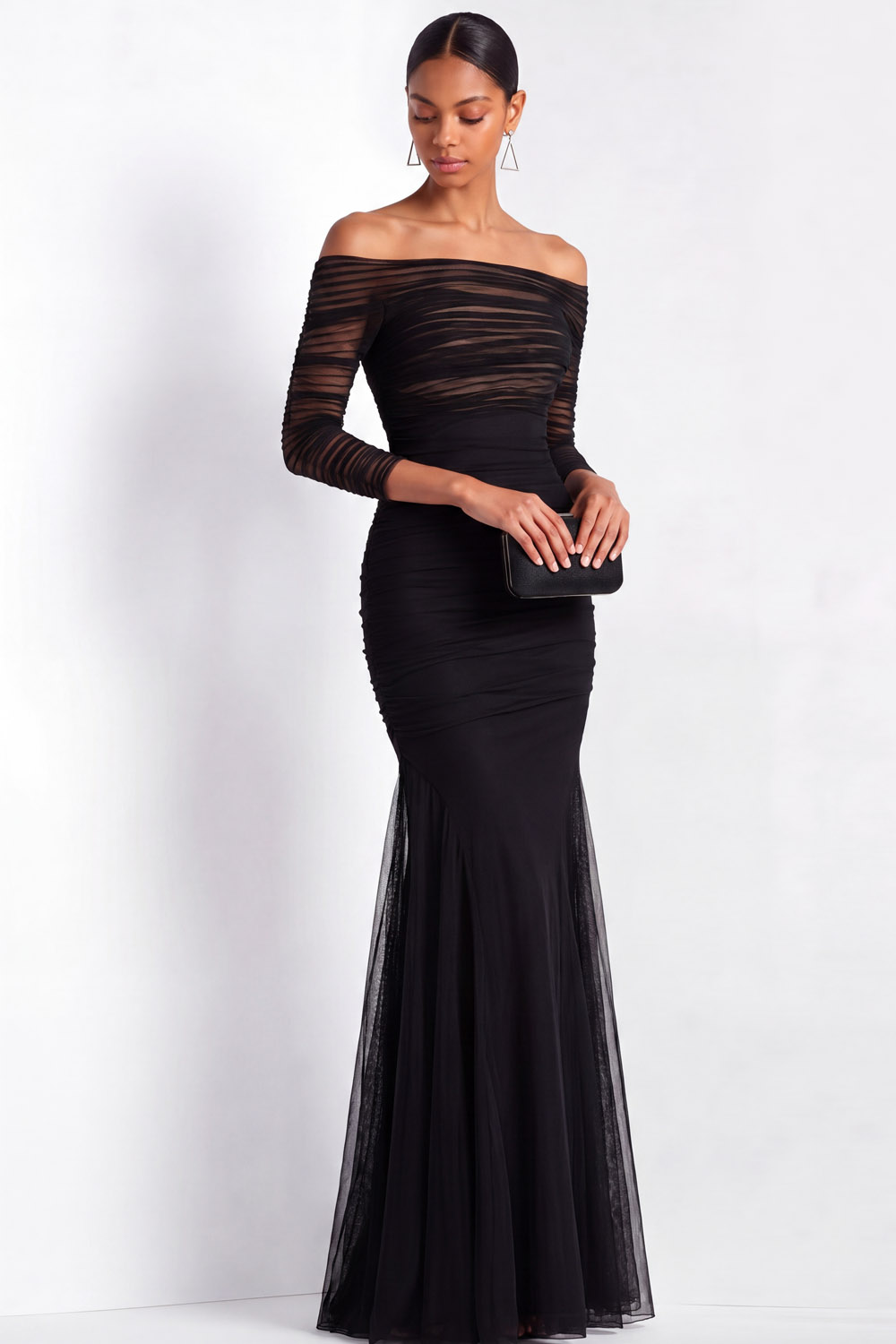 Formal Evening Dress Black Mesh Pleated Off-The-Shoulder Mermaid Dress