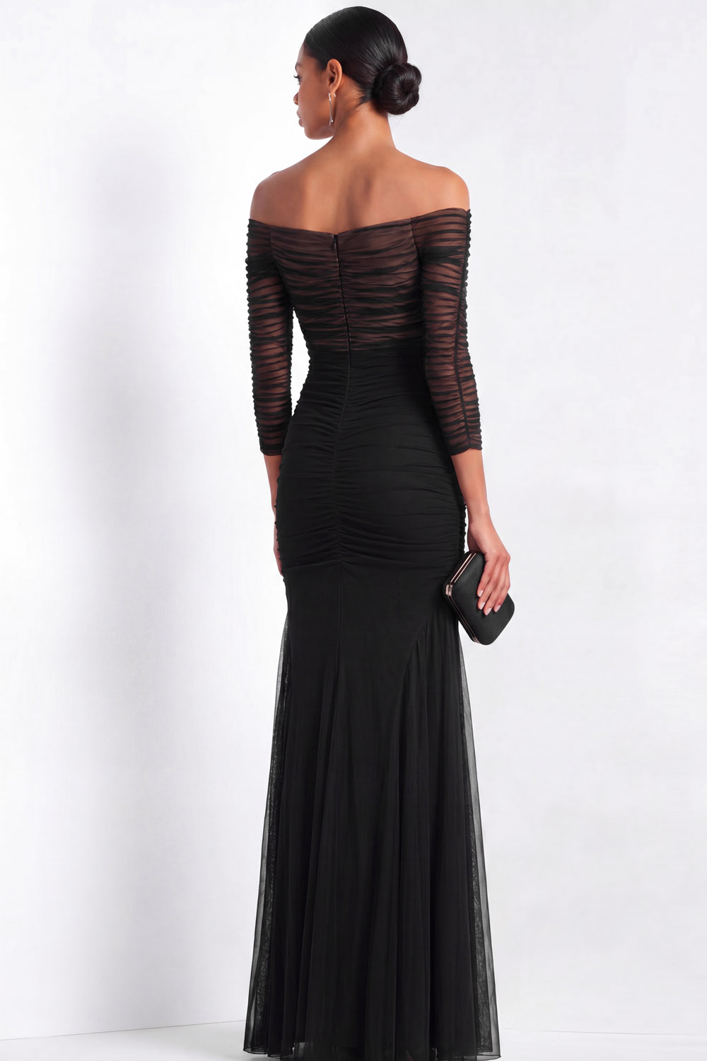 Formal Evening Dress Black Mesh Pleated Off-The-Shoulder Mermaid Dress