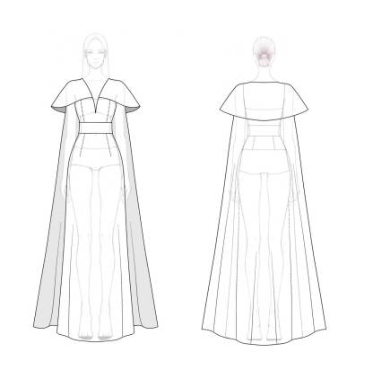 Formal Evening Dress White Deep V with Cape Rhinestone Belt Maxi Dress