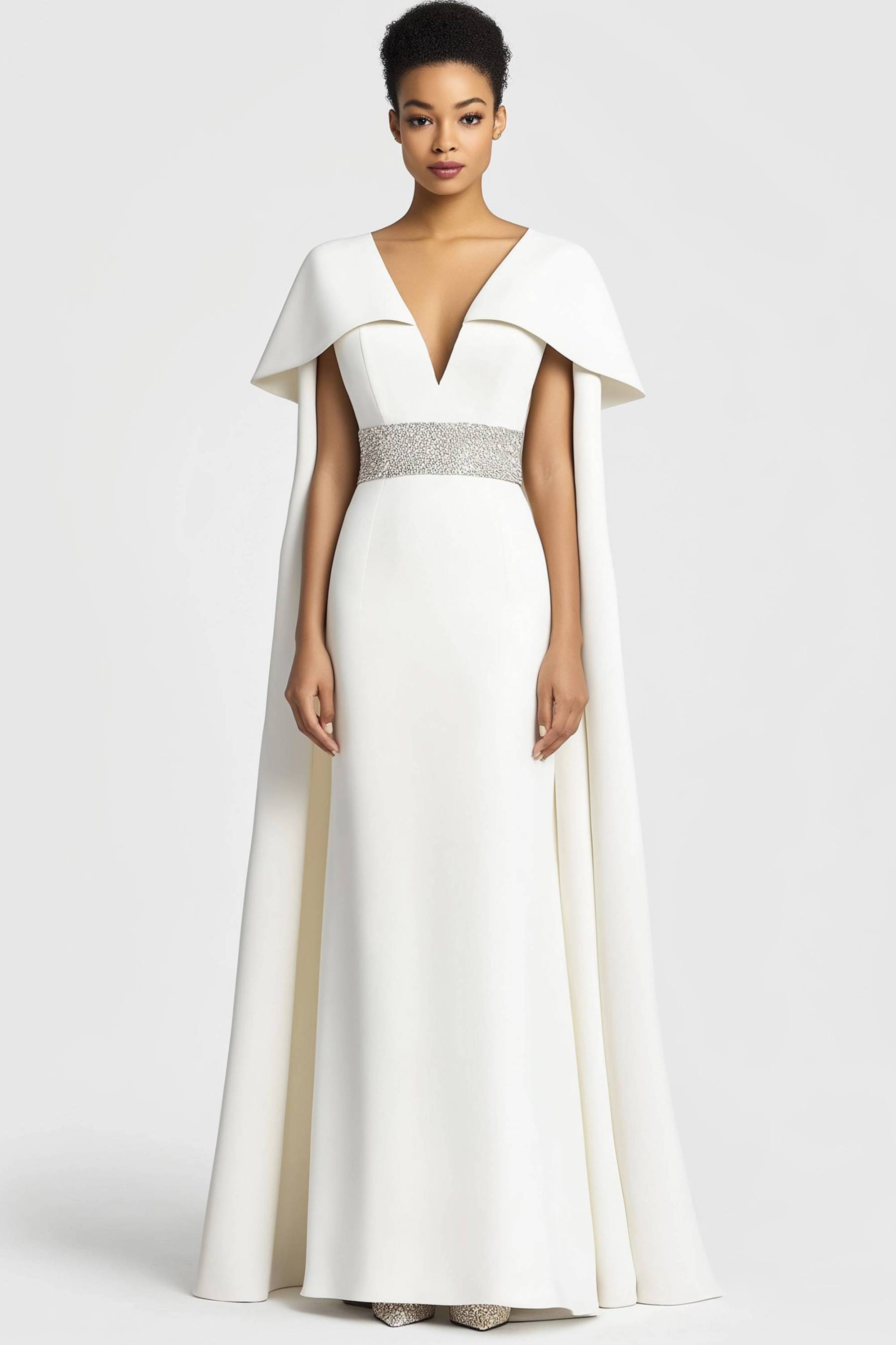 Formal Evening Dress White Deep V with Cape and Rhinestone Belt Maxi Dress