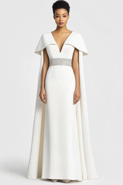 Formal Evening Dress White Deep V with Cape and Rhinestone Belt Maxi Dress