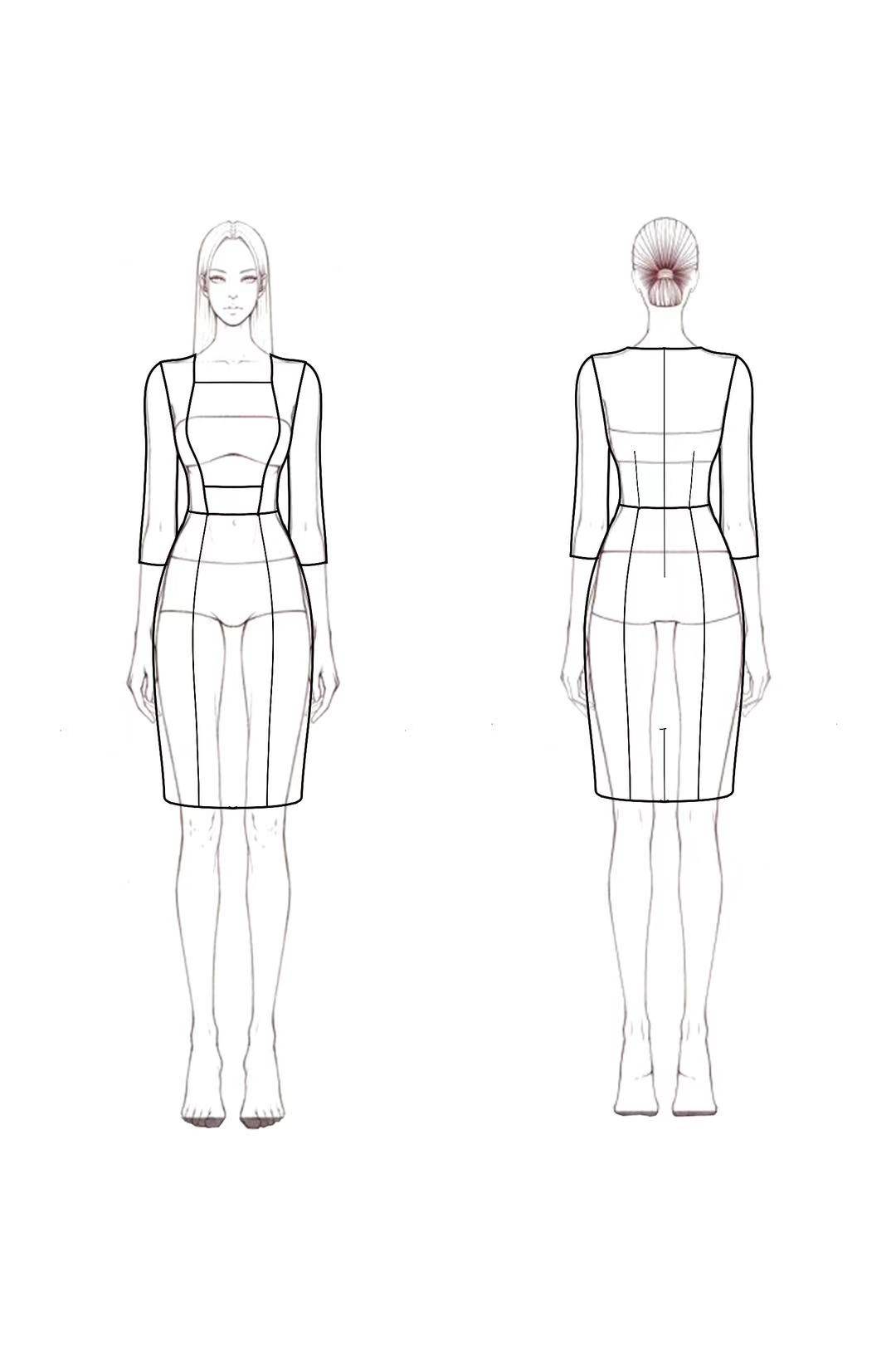 Work Dress Black Blue Square Neck Fitted Three-Quarter Sleeve Dress