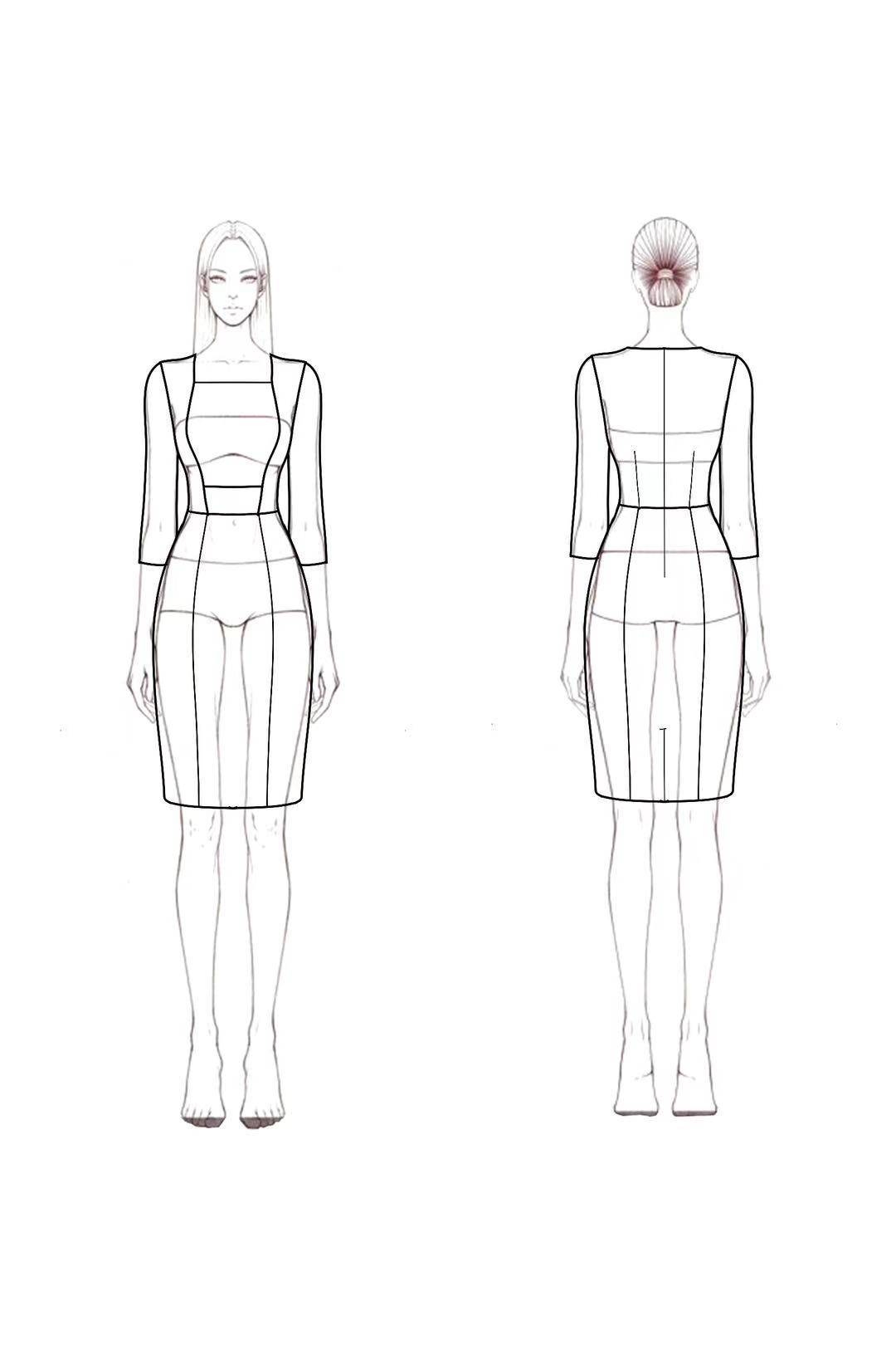 Work Dress Black Blue Square Neck Fitted Three-Quarter Sleeve Dress