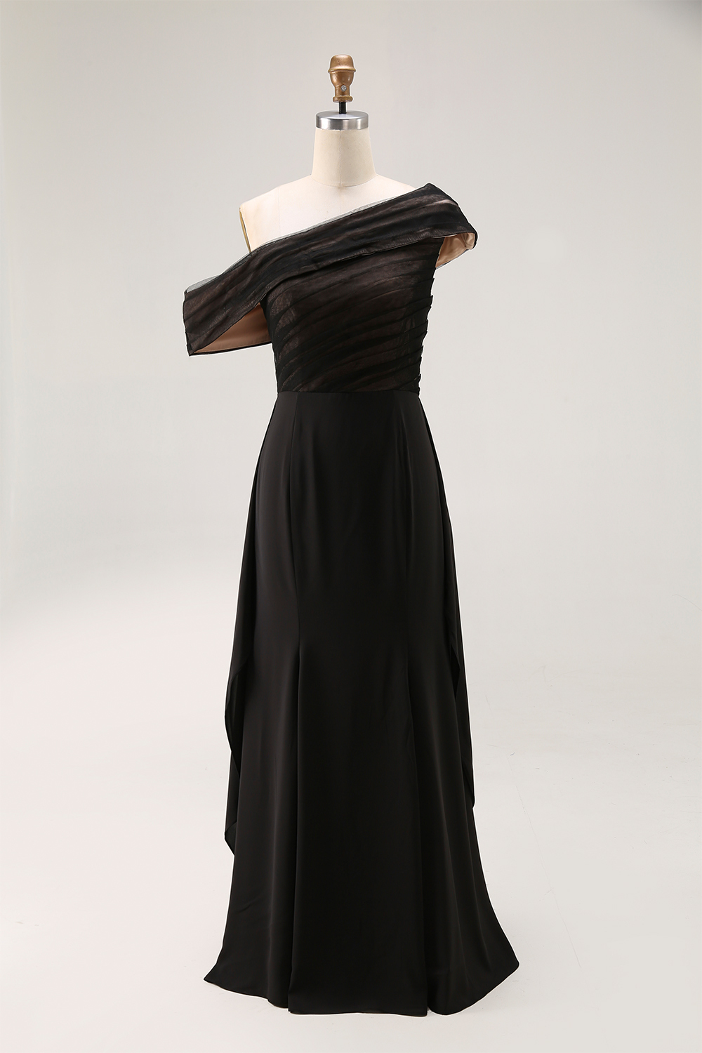 Formal Evening Dress Black One-Shoulder Pleated Chiffon Maxi Dress