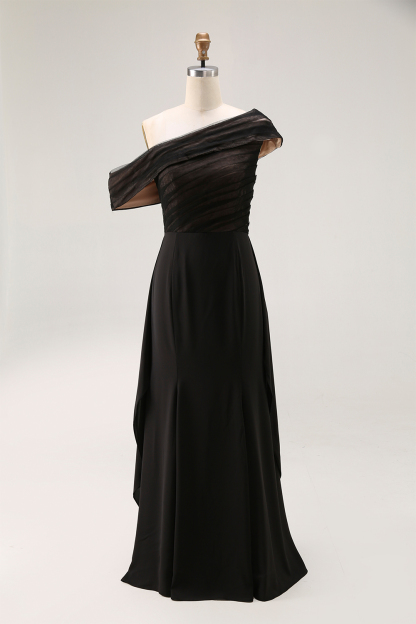 Formal Evening Dress Black One-Shoulder Pleated Chiffon Maxi Dress