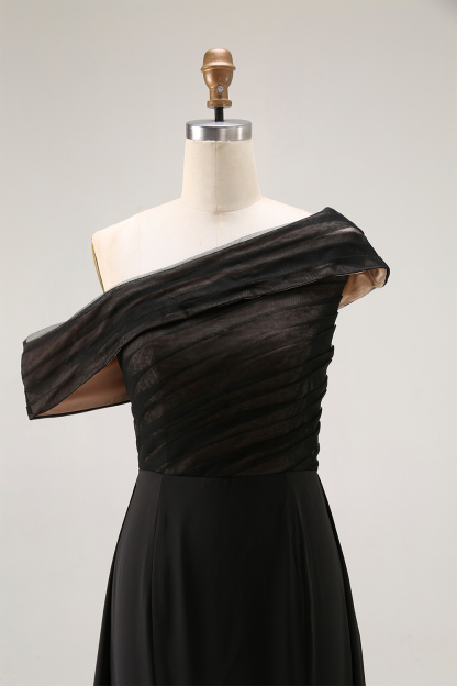 Formal Evening Dress Black One-Shoulder Pleated Chiffon Maxi Dress