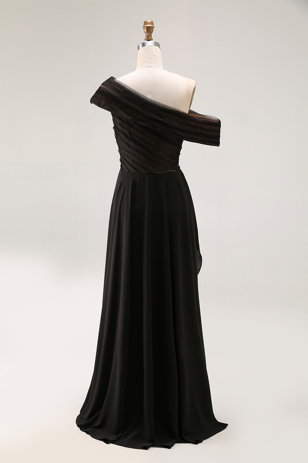 Formal Evening Dress Black One-Shoulder Pleated Chiffon Maxi Dress