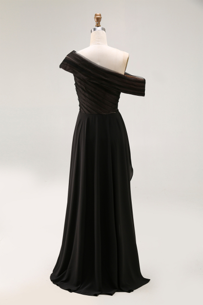 Formal Evening Dress Black One-Shoulder Pleated Chiffon Maxi Dress
