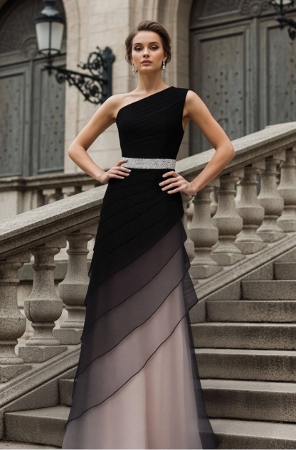 Formal Evening Dress Black One-Shoulder Multi-Layered Silver Belt Maxi Gown