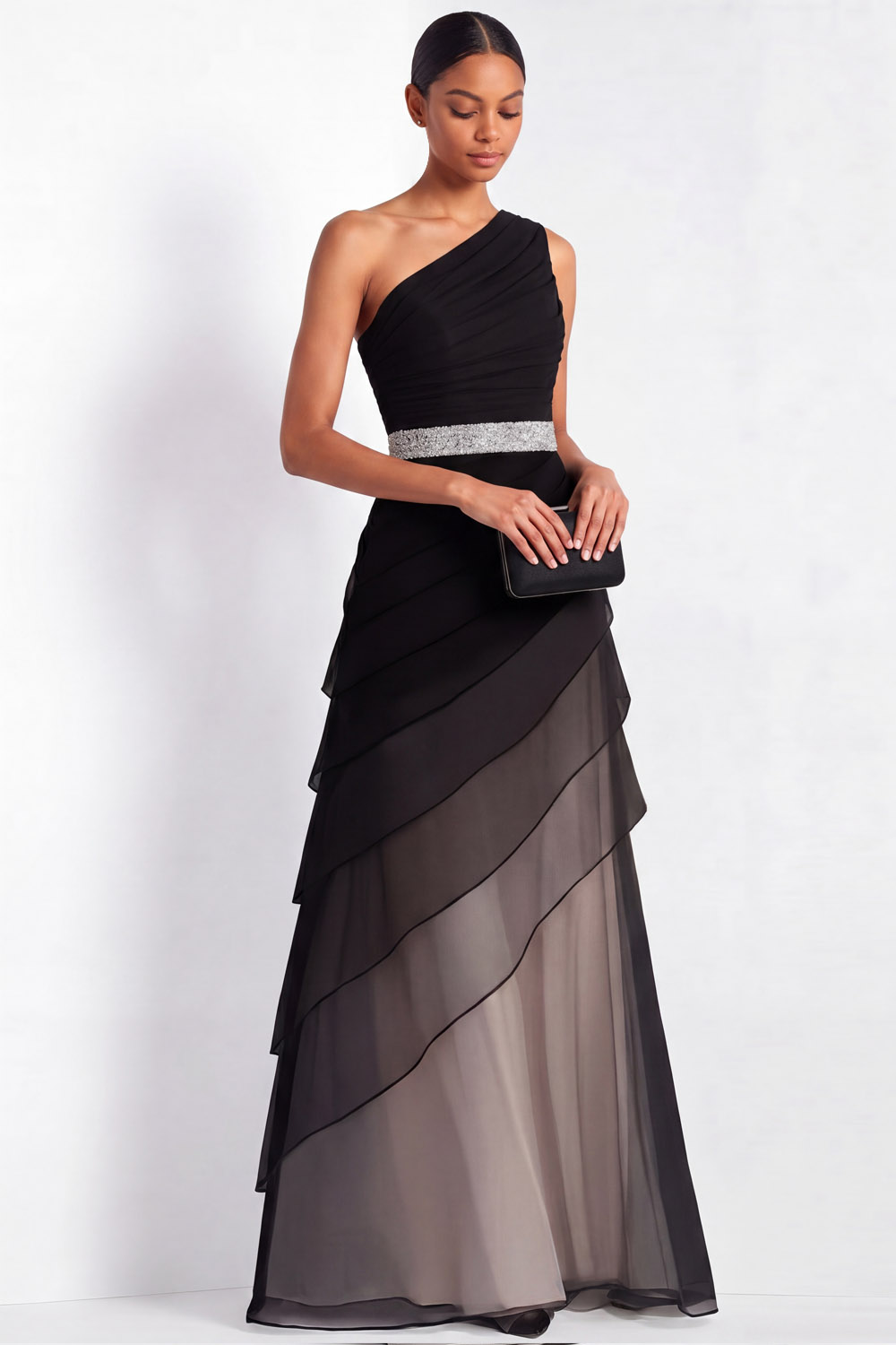 Formal Evening Dress Black One-Shoulder Multi-Layered Silver Belt Maxi Gown