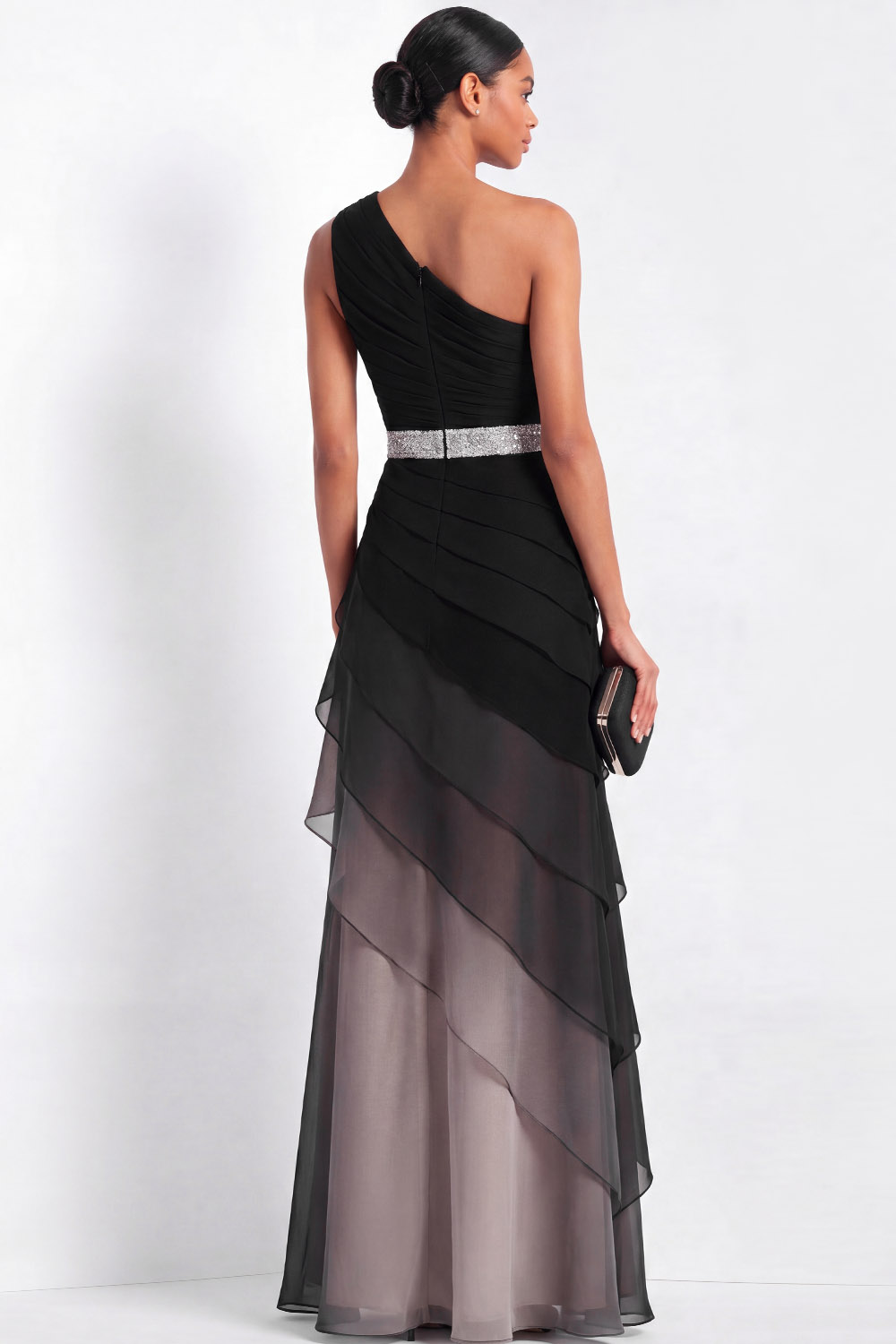 Formal Evening Dress Black One-Shoulder Multi-Layered Silver Belt Maxi Gown