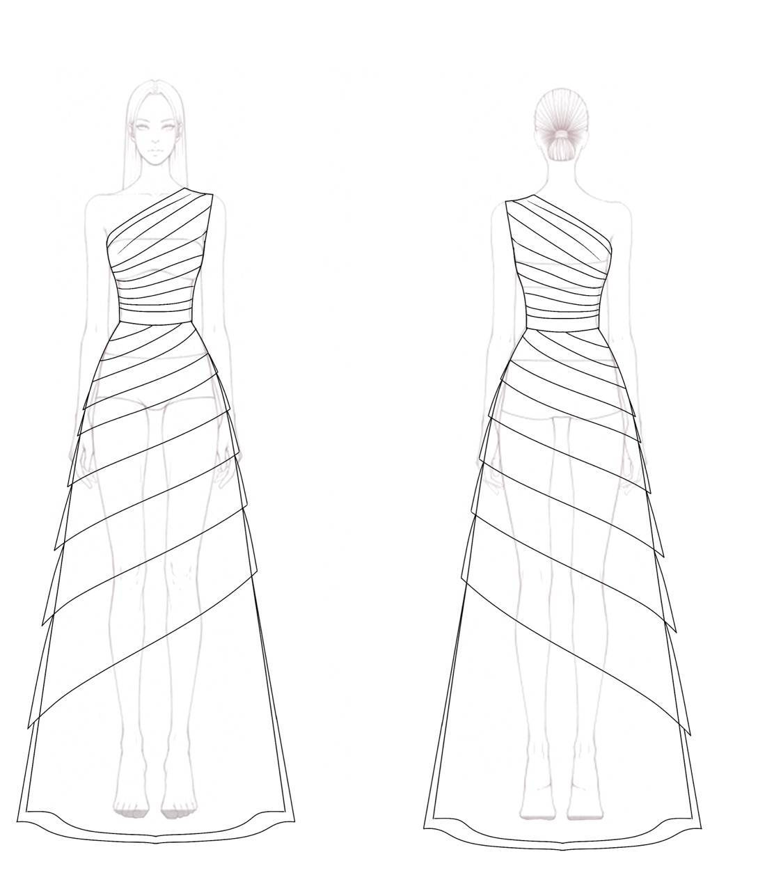 Formal Evening Dress Black One-Shoulder Multi-Layered Silver Belt Maxi Gown
