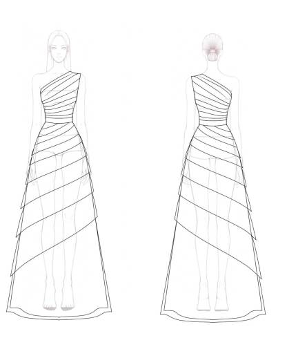 Formal Evening Dress Black One-Shoulder Multi-Layered Silver Belt Maxi Gown
