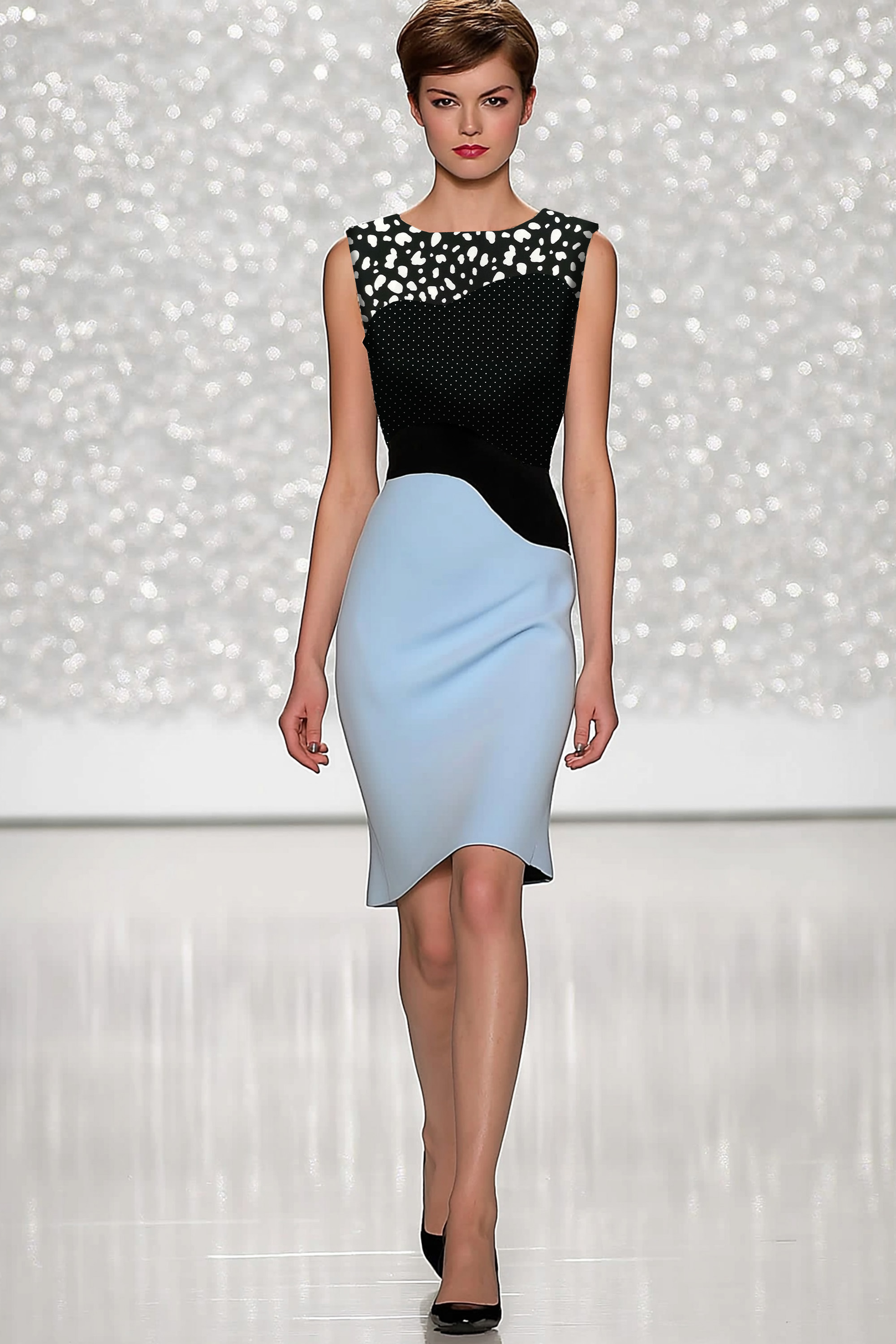Cocktail Party Dress Black Blue Sleeveless Polka Dot Design Midi Dress