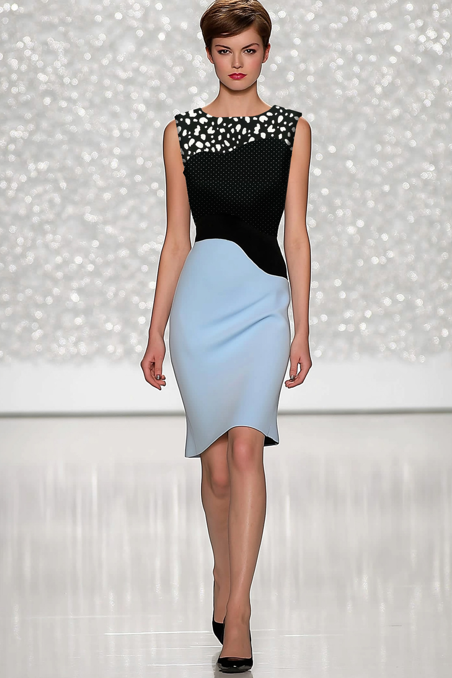 Cocktail Party Dress Black Blue Sleeveless Polka Dot Design Midi Dress
