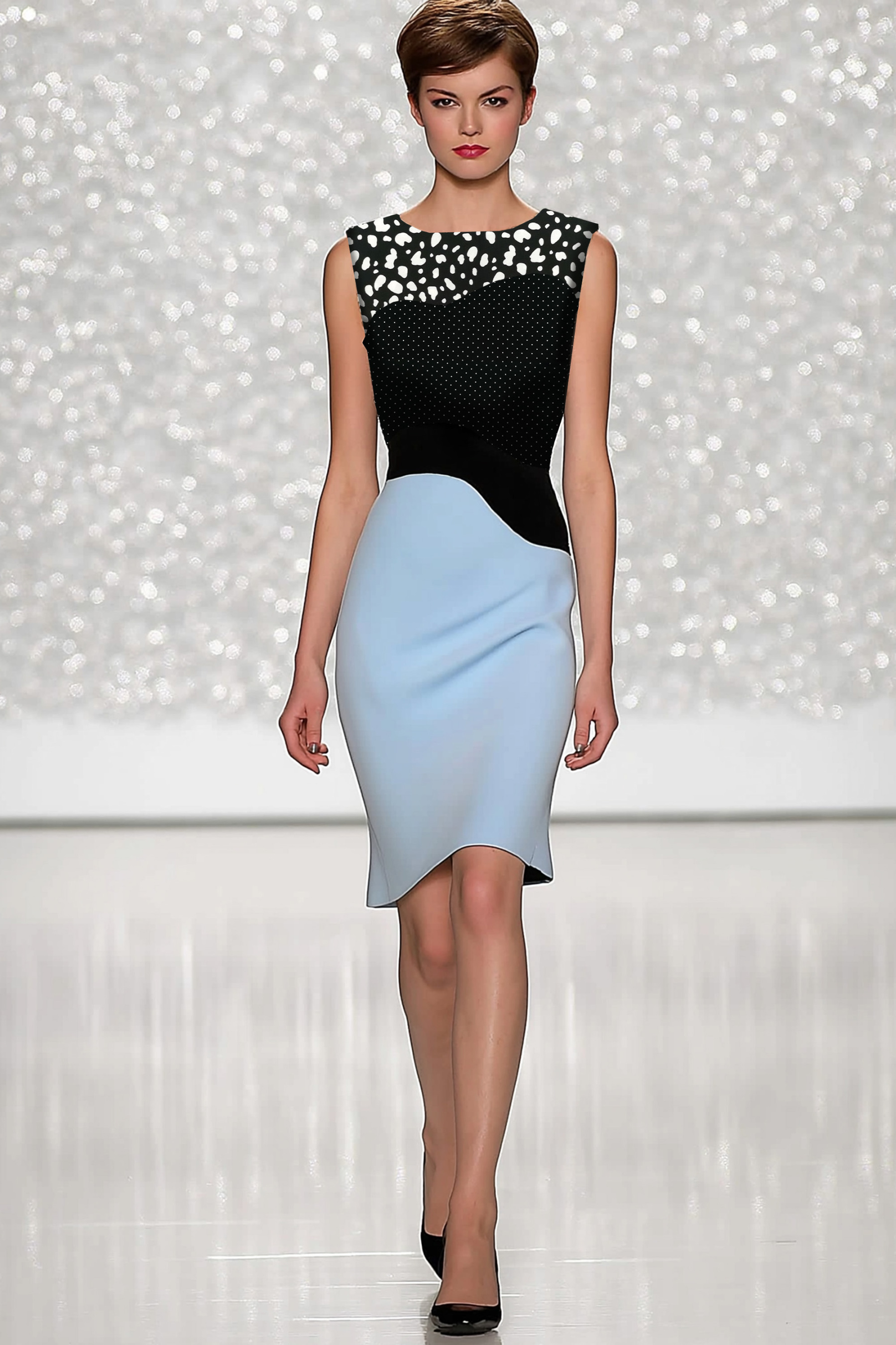 Cocktail Party Dress Black Blue Sleeveless Polka Dot Design Midi Dress
