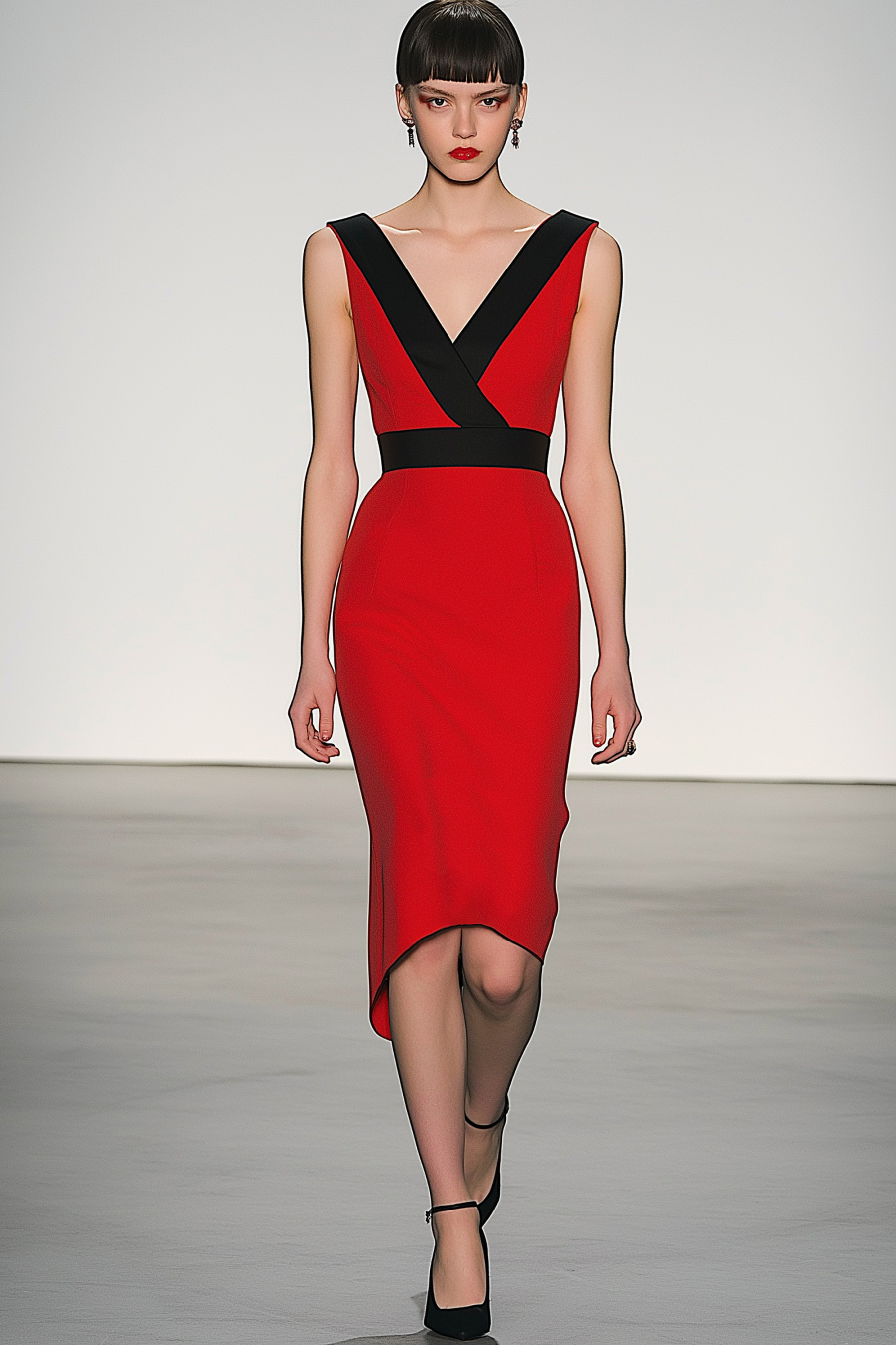 Semi-Formal Party Dress Black Red V-Neck Sleeveless Fitted Midi Dress