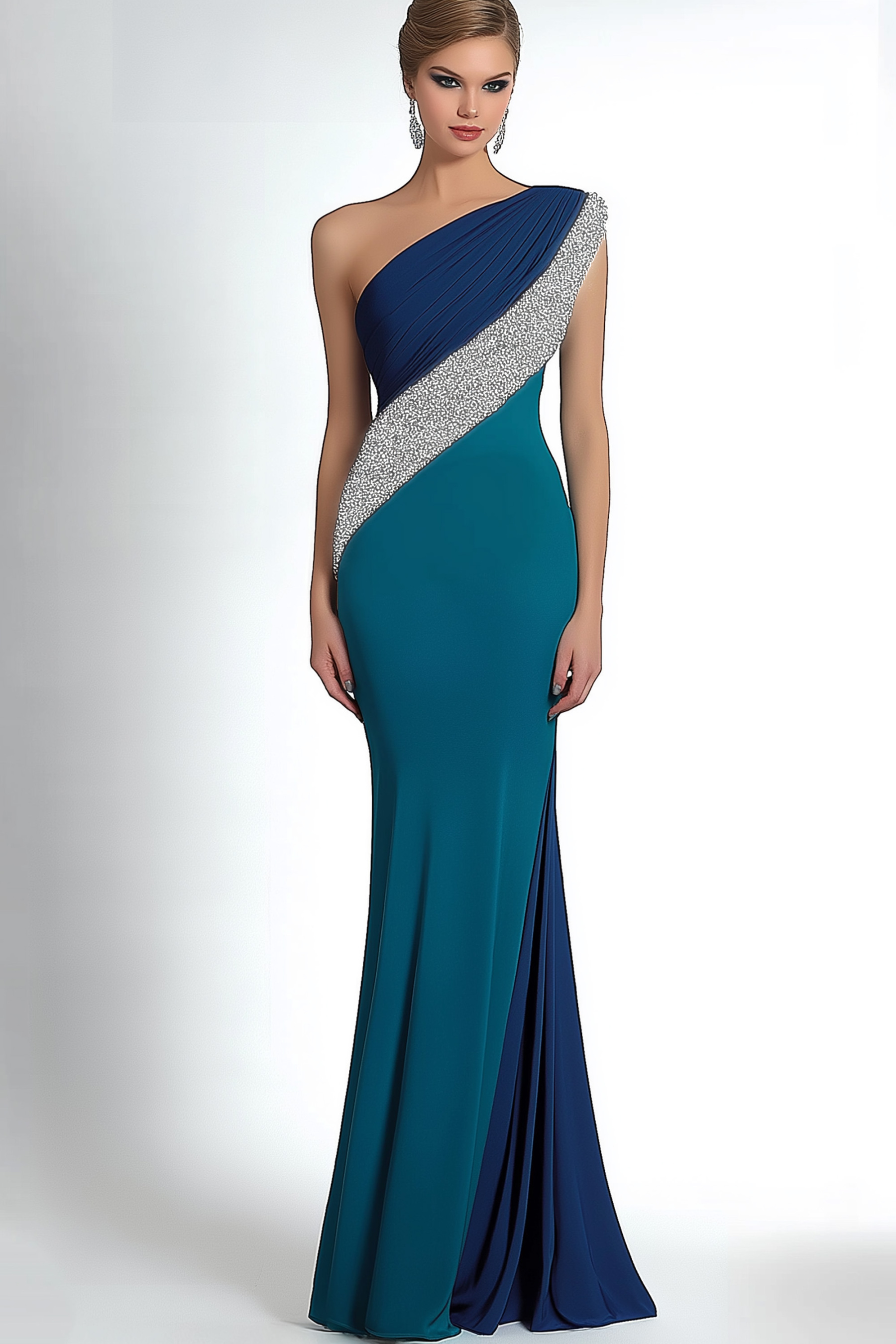 Formal Dress Blue Green One-Shoulder Silver Accented Floor-Length Gown