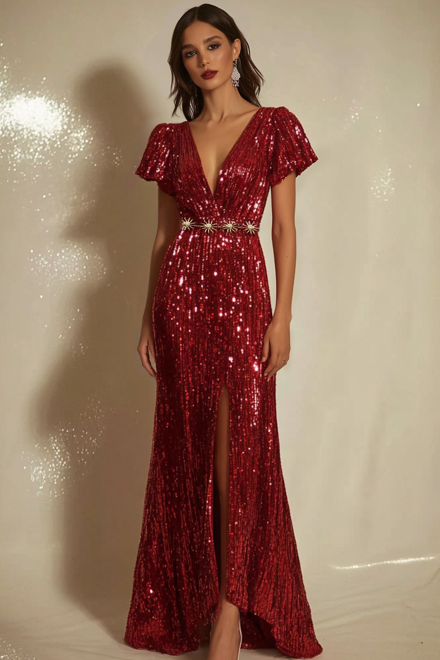 Evening Sequin Dress Red Deep V Slit Waist Chain Maxi Gown
