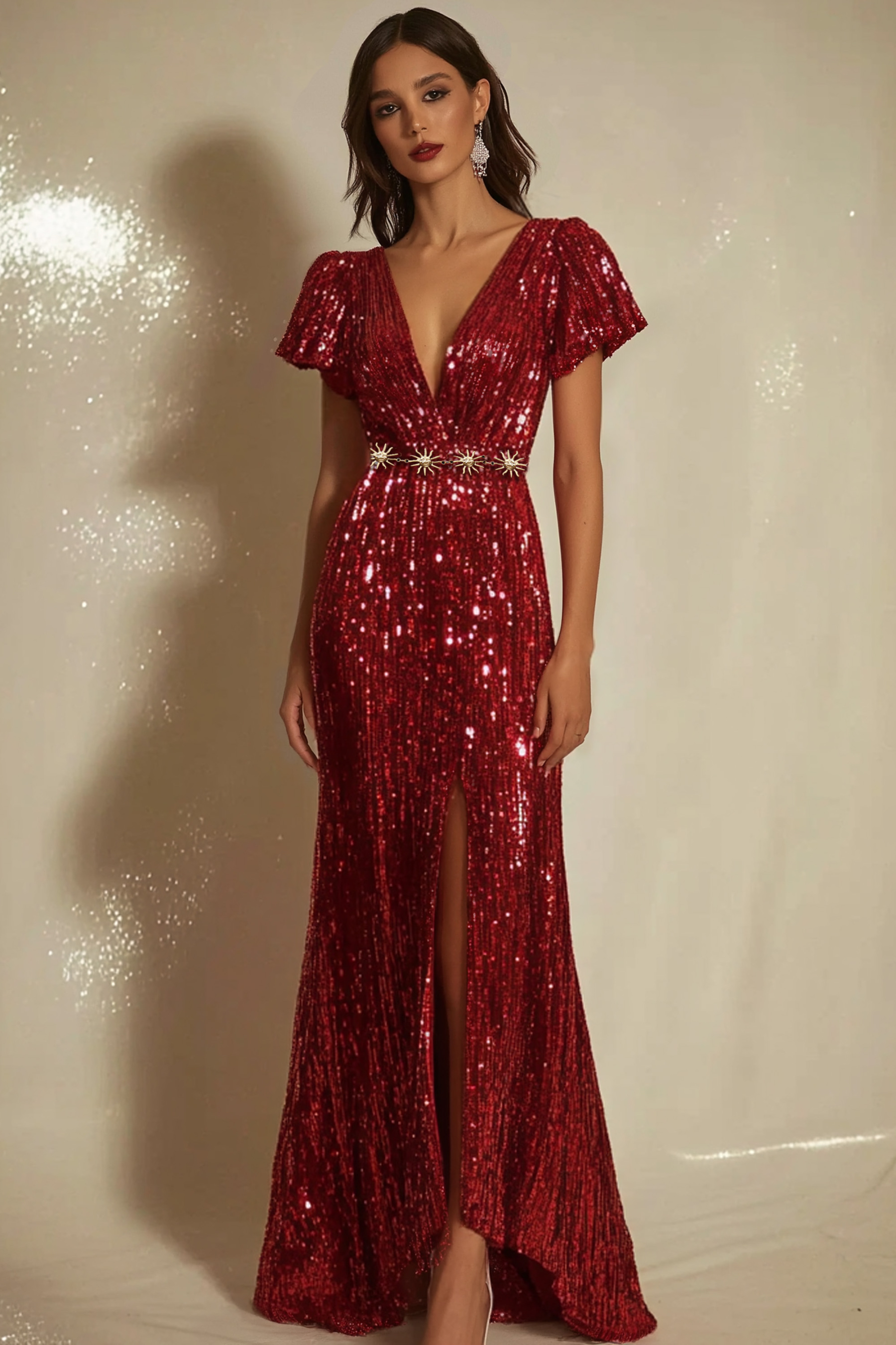 Evening Sequin Dress Red Deep V Slit Waist Chain Maxi Gown