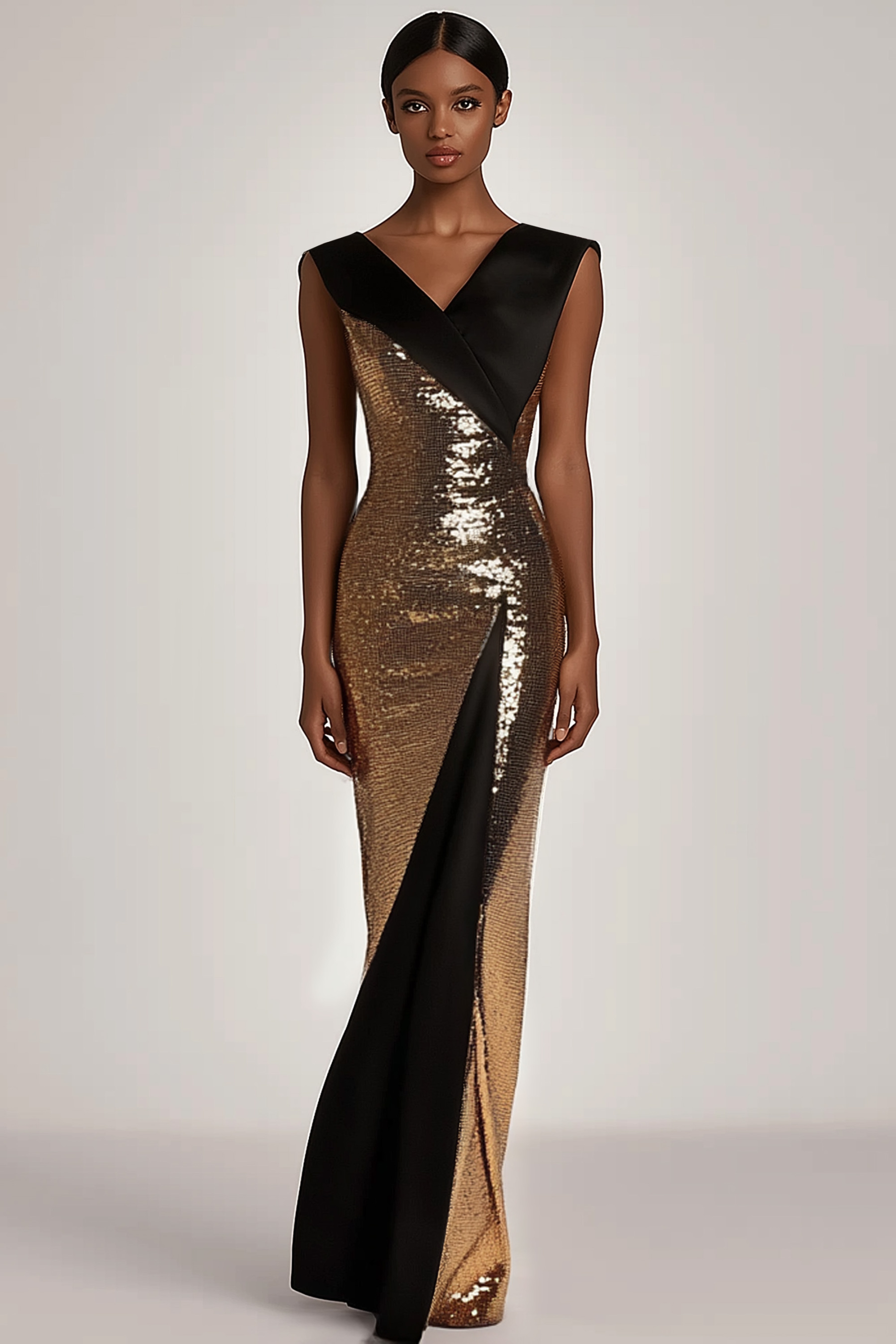 Evening Sequin Dress Black Gold Colorblock V-neck Sleeveless Maxi Gown