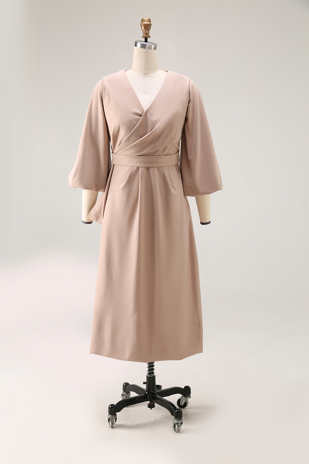 Work Dress Khaki V Neck Puff Sleeve with Pocket Midi Dress