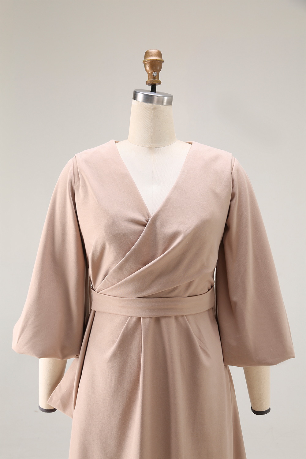 Work Dress Khaki V Neck Puff Sleeve with Pocket Midi Dress