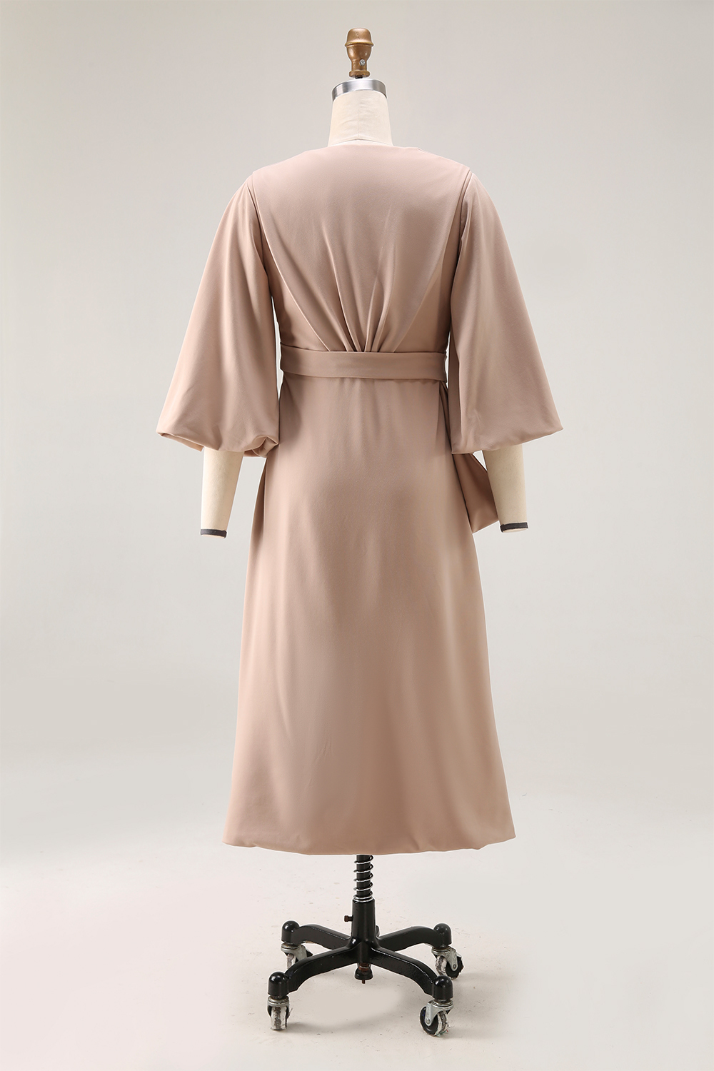 Work Dress Khaki V Neck Puff Sleeve with Pocket Midi Dress