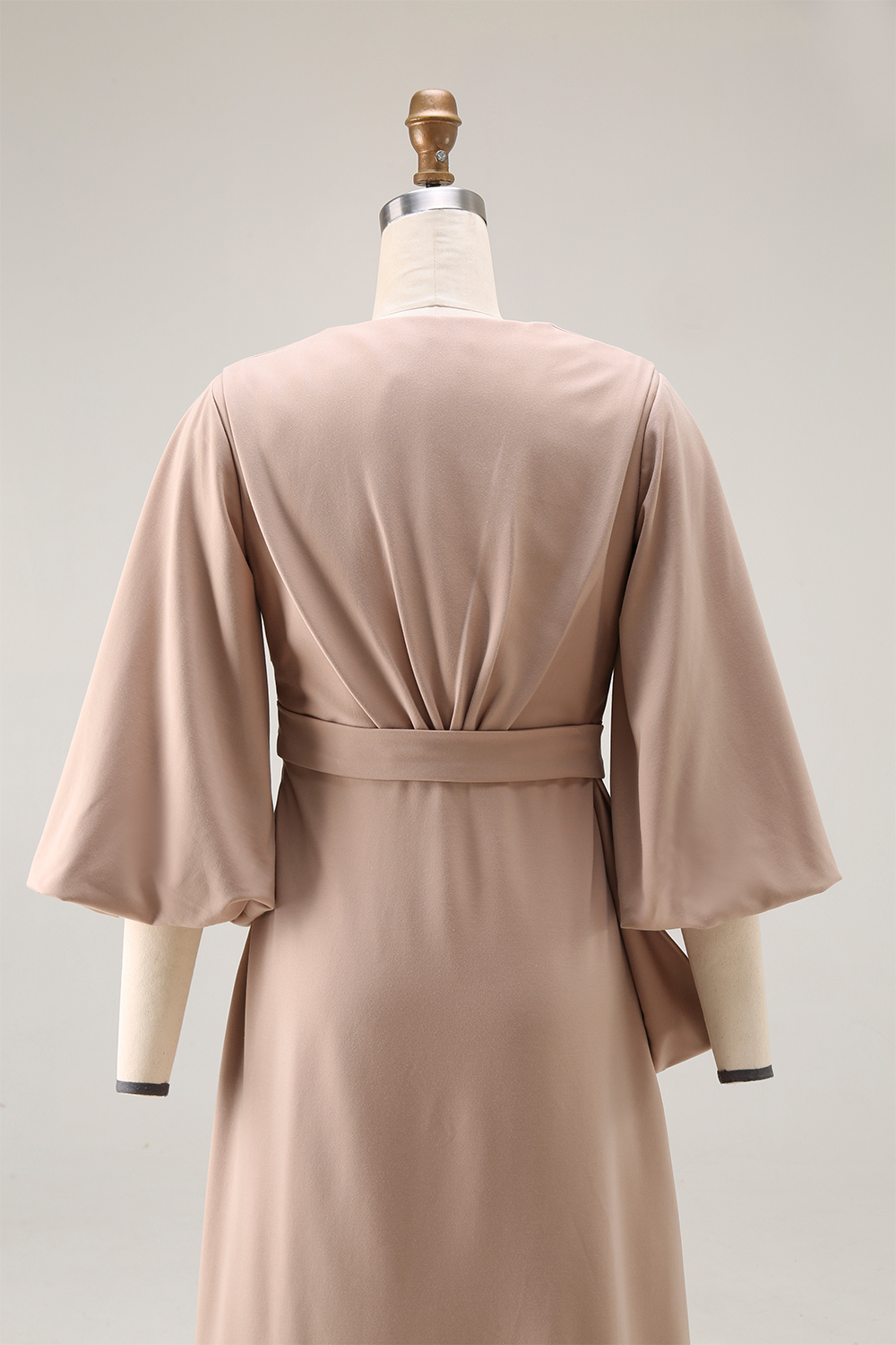 Work Dress Khaki V Neck Puff Sleeve with Pocket Midi Dress