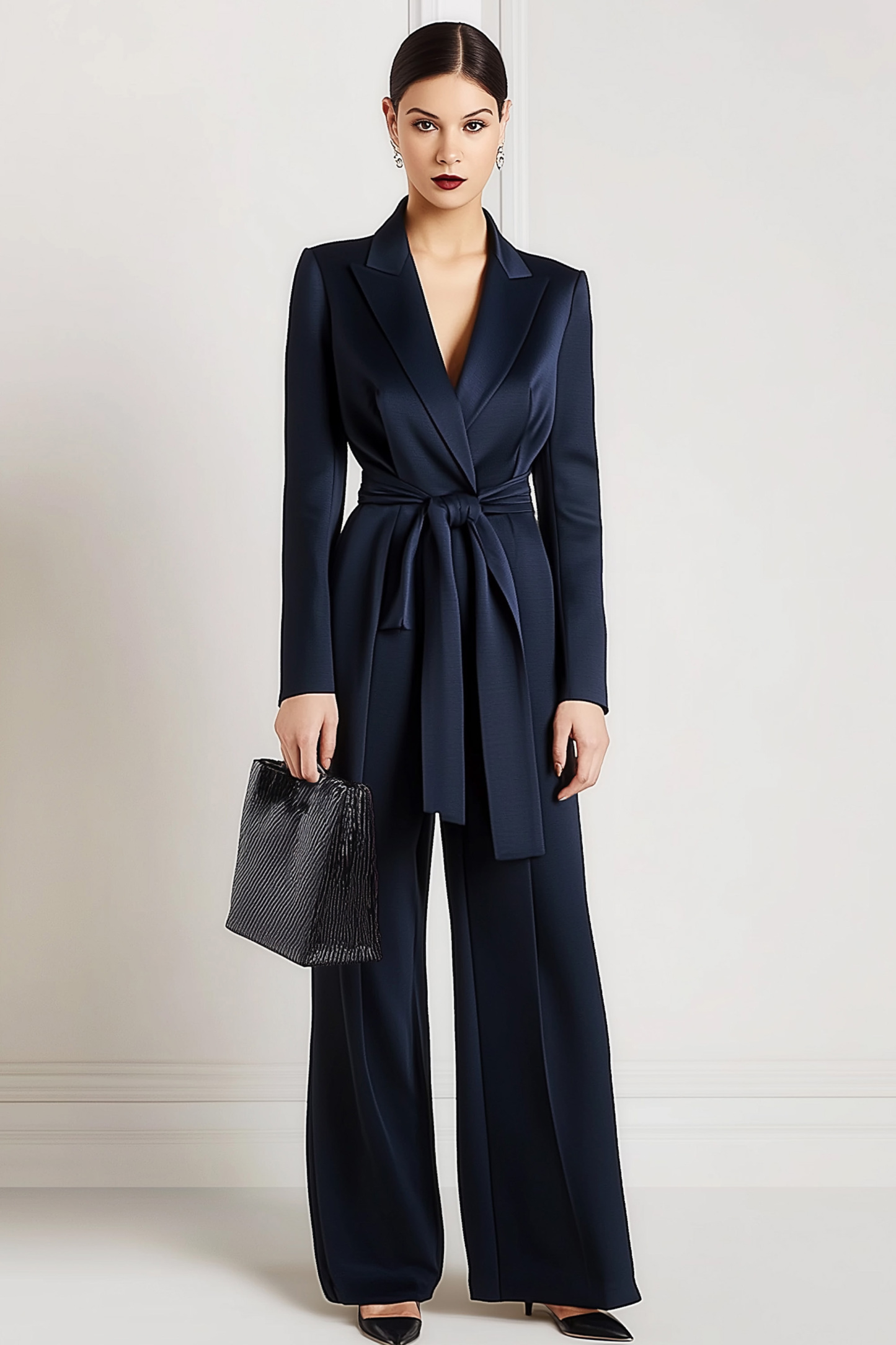Work Semi-Formal Jumpsuit Navy Blue Collar Long Sleeve Straight Pants