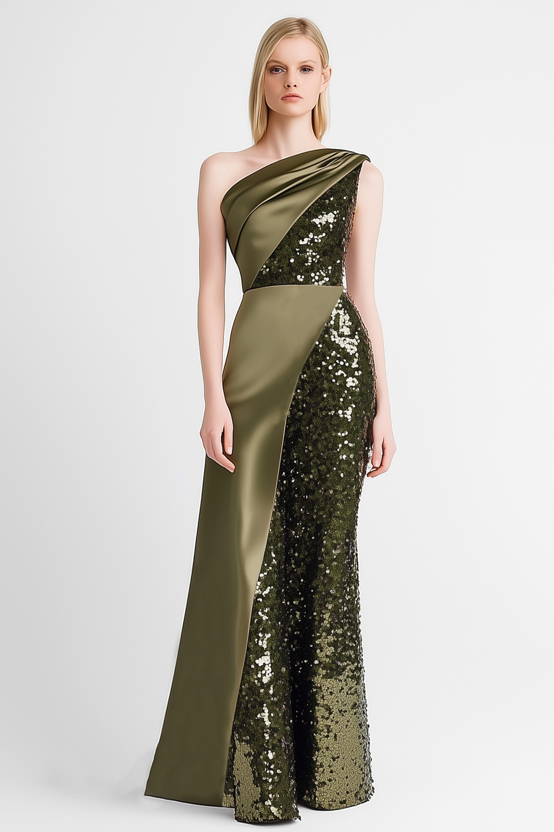 Evening Dress Green Satin Sequin One-Shoulder Maxi Gown