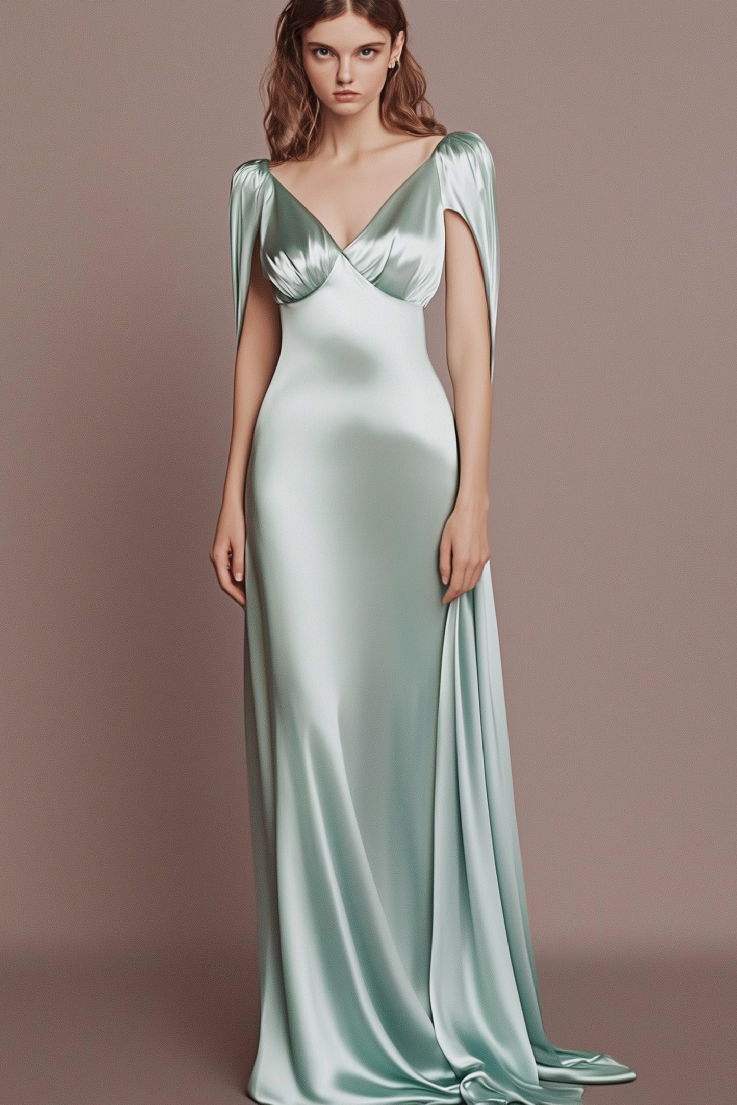 Formal Satin Dress Sage Green V-neck Cape Sleeve Maxi Gown