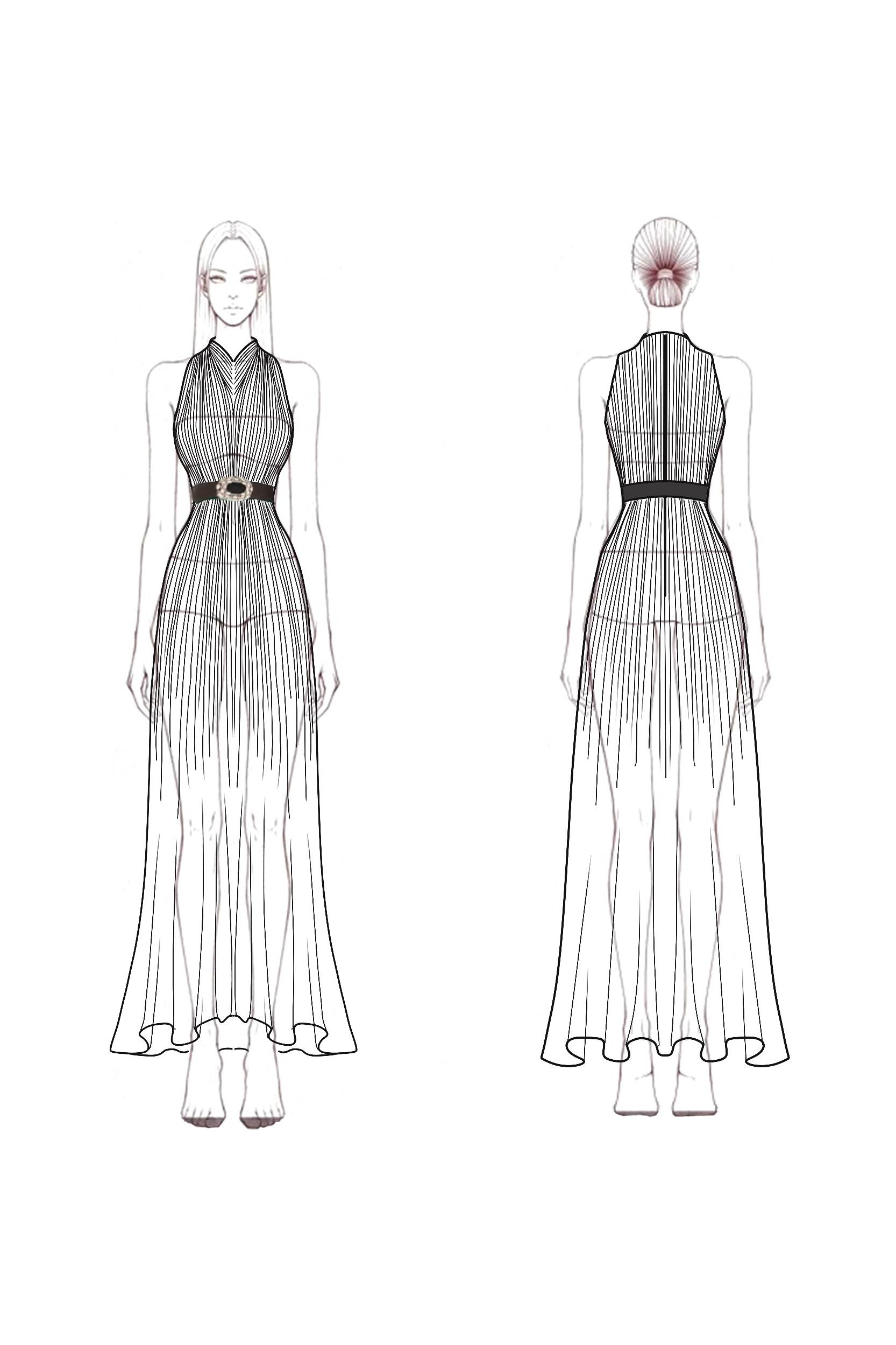 Evening Dress Green-White Ombre Pleated Chiffon Waist Tie Maxi Dress