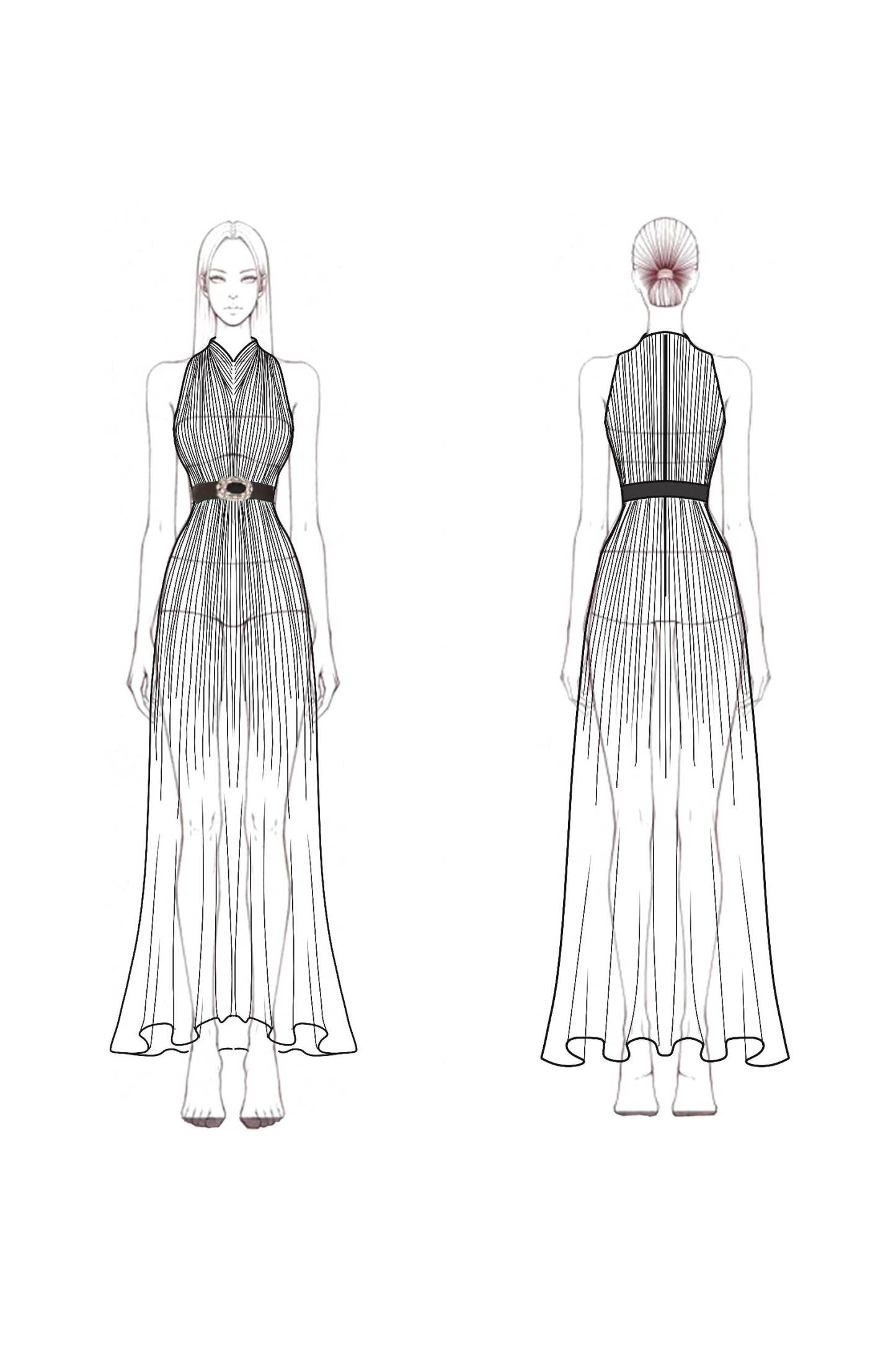 Evening Dress Green-White Ombre Pleated Chiffon Waist Tie Maxi Dress