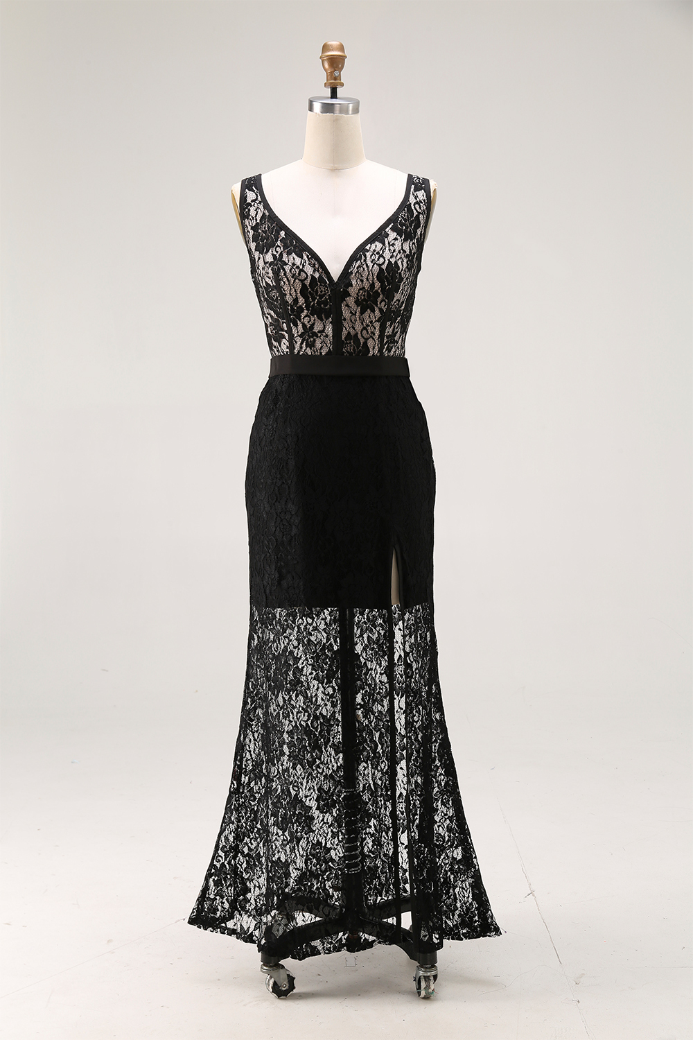 Party Lace Dress V-neck Sleeveless Black Side Slit Maxi Dress