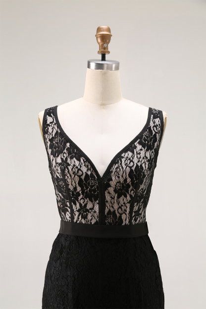 Party Lace Dress V-neck Sleeveless Black Side Slit Maxi Dress