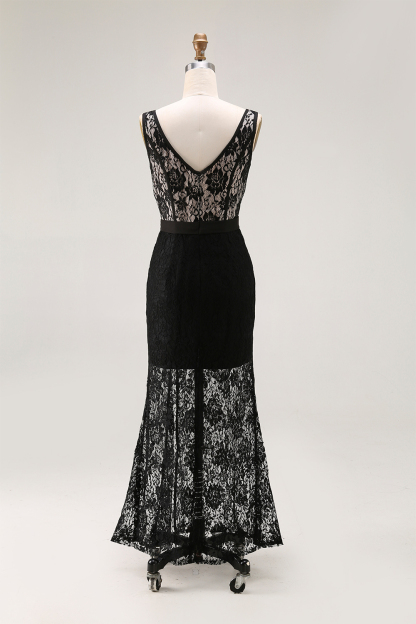Party Lace Dress V-neck Sleeveless Black Side Slit Maxi Dress
