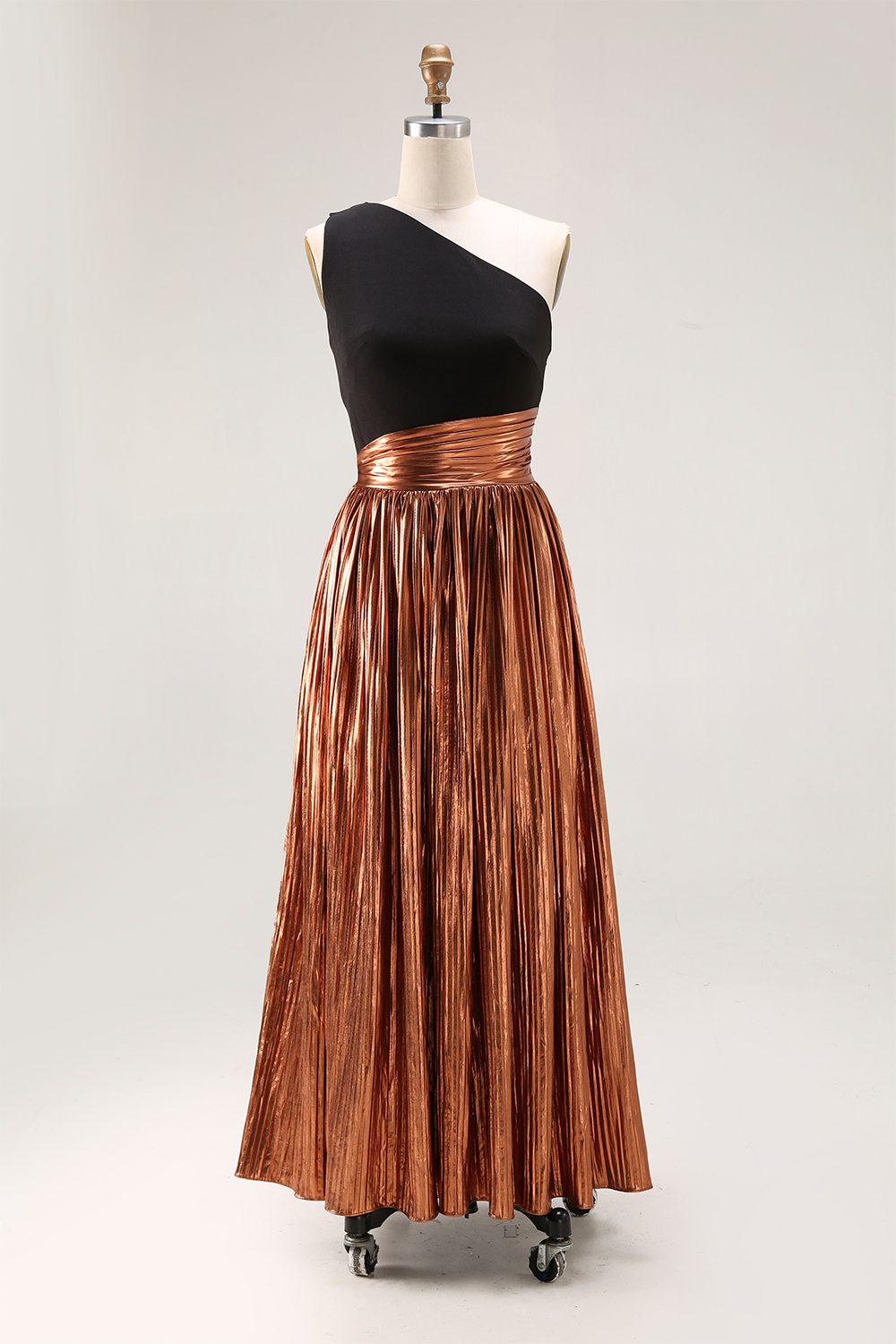 Evening Formal Dress Black-Gold Colorblock One-Shoulder Metallic Maxi Dress