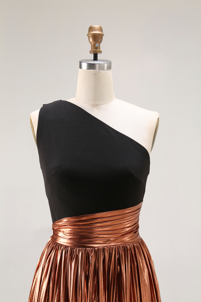 Evening Formal Dress Black-Gold Colorblock One-Shoulder Metallic Maxi Dress